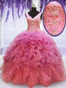 Ball Gowns 15th Birthday Dress Pink V-neck Organza Sleeveless Floor Length Lace Up