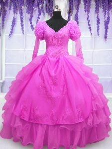 Glamorous Beading and Embroidery and Hand Made Flower Sweet 16 Dress Hot Pink Lace Up Long Sleeves Floor Length
