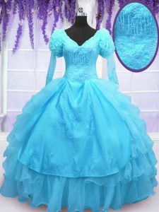 Floor Length Baby Blue 15th Birthday Dress V-neck Long Sleeves Lace Up