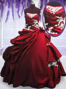 Sleeveless Taffeta Floor Length Lace Up Ball Gown Prom Dress in Wine Red with Appliques and Pick Ups