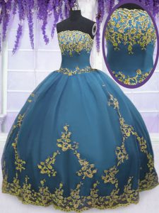 Hot Selling Teal Strapless Neckline Lace and Appliques Quinceanera Gowns Sleeveless Zipper