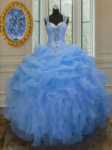 Straps Blue Sleeveless Organza Zipper Quinceanera Dresses for Military Ball and Sweet 16 and Quinceanera
