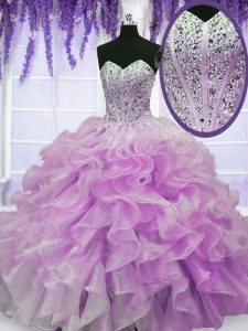 Organza Sweetheart Sleeveless Zipper Beading and Ruffles Quinceanera Dresses in Lilac