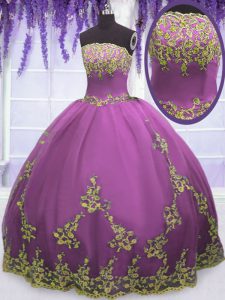 Fuchsia Zipper Strapless Appliques 15th Birthday Dress Tulle Sleeveless