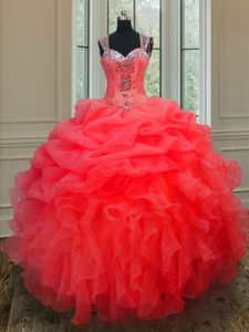 Beautiful Coral Red Straps Zipper Beading and Ruffles Quinceanera Gown Sleeveless