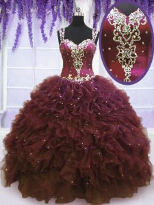Exceptional Straps Sleeveless Zipper Sweet 16 Quinceanera Dress Burgundy Tulle
