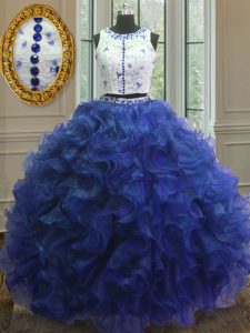 Charming Scoop Sleeveless Organza Floor Length Clasp Handle Ball Gown Prom Dress in Royal Blue with Appliques and Ruffles