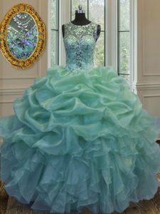 Noble Scoop Green Sleeveless Floor Length Beading and Ruffles and Pick Ups Lace Up Quinceanera Gowns