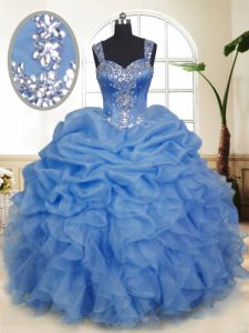 Sleeveless Organza Floor Length Zipper Quinceanera Dresses in Blue with Beading and Ruffles and Pick Ups