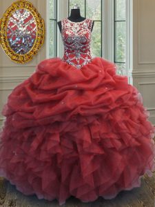 Edgy Coral Red Ball Gowns Organza Scoop Sleeveless Beading and Ruffles and Pick Ups Floor Length Lace Up Sweet 16 Dresses
