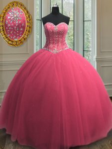 Beauteous Beading and Sequins Ball Gown Prom Dress Hot Pink Lace Up Sleeveless Floor Length