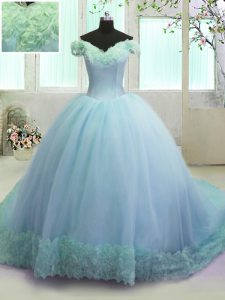 Deluxe Off the Shoulder Organza Sleeveless With Train Quinceanera Gowns Court Train and Hand Made Flower