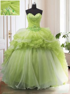 Sleeveless Sweep Train Lace Up With Train Beading and Ruffled Layers Quinceanera Gowns