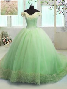 Romantic Court Train Ball Gowns Vestidos de Quinceanera Apple Green Off The Shoulder Organza Short Sleeves With Train Lace Up