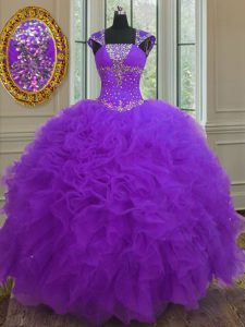 Smart Sequins Ball Gowns Sweet 16 Quinceanera Dress Purple Straps Organza Cap Sleeves Floor Length Lace Up