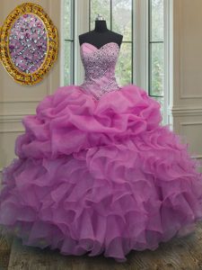 Great Lilac 15th Birthday Dress Military Ball and Sweet 16 and Quinceanera with Beading and Ruffles and Pick Ups Sweetheart Sleeveless Lace Up