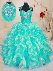 Floor Length Turquoise Ball Gown Prom Dress Sweetheart Sleeveless Lace Up