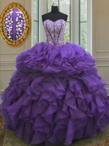 Organza Sweetheart Sleeveless Lace Up Beading and Ruffles Quinceanera Dresses in Eggplant Purple