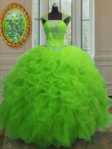 Elegant Straps Cap Sleeves Floor Length Beading and Ruffles and Sequins Lace Up Ball Gown Prom Dress