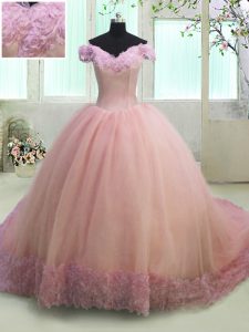 Pink Off The Shoulder Lace Up Hand Made Flower Sweet 16 Quinceanera Dress Court Train Short Sleeves
