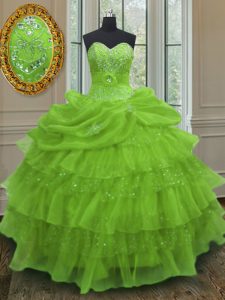 Sleeveless Beading and Ruffled Layers and Pick Ups Lace Up Quince Ball Gowns