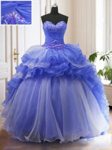 Trendy Sleeveless With Train Beading and Ruffled Layers Lace Up Quinceanera Gown with Blue Court Train