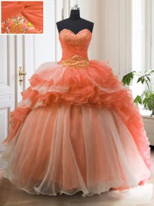 High Quality Organza Sweetheart Sleeveless Sweep Train Lace Up Beading and Ruffled Layers 15th Birthday Dress in Orange Red