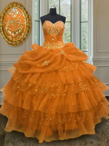 Deluxe Sweetheart Sleeveless Quinceanera Gowns Floor Length Beading and Ruffled Layers and Pick Ups Orange Organza