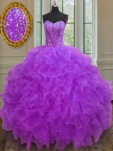 Customized Purple Sleeveless Floor Length Beading and Ruffles Lace Up Sweet 16 Dress