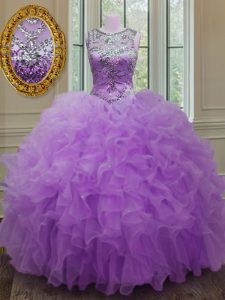 Top Selling Scoop Lilac Lace Up Quinceanera Dresses Beading and Ruffles Sleeveless Floor Length