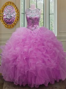 Scoop Fuchsia Sleeveless Floor Length Beading and Ruffles Lace Up Quinceanera Dresses