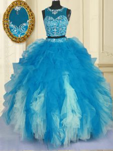 Glamorous Two Pieces Quinceanera Dress Blue And White Scoop Tulle Sleeveless Floor Length Zipper