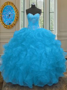 Lovely Lace Up Sweet 16 Dress Blue for Military Ball and Sweet 16 and Quinceanera with Beading and Ruffles