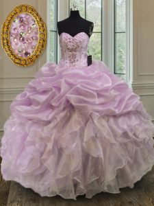 Sweetheart Sleeveless Sweet 16 Dress Floor Length Beading and Ruffles Lilac Organza