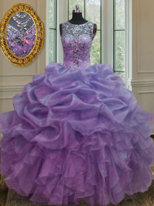 Sophisticated Lavender Ball Gowns Scoop Sleeveless Organza Floor Length Lace Up Beading and Ruffles and Pick Ups Ball Gown Prom Dress