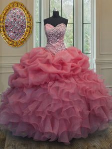 Admirable Pink Sweet 16 Quinceanera Dress Military Ball and Sweet 16 and Quinceanera with Beading and Ruffles and Pick Ups Sweetheart Sleeveless Lace Up