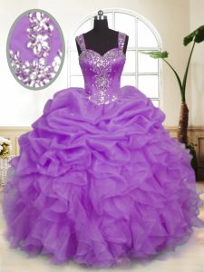Super Floor Length Lavender 15th Birthday Dress Organza Sleeveless Beading and Ruffles and Pick Ups