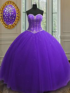 Purple Sweetheart Neckline Beading and Sequins Quinceanera Gown Sleeveless Lace Up