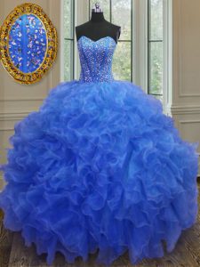 Most Popular Blue Quinceanera Gown Military Ball and Sweet 16 and Quinceanera with Beading and Ruffles Sweetheart Sleeveless Lace Up