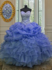 Stunning Blue Ball Gowns Organza Sweetheart Sleeveless Beading and Ruffles and Pick Ups Floor Length Lace Up Sweet 16 Quinceanera Dress