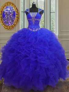 Blue Quinceanera Gowns Military Ball and Sweet 16 and Quinceanera with Beading and Ruffles and Sequins Straps Cap Sleeves Lace Up