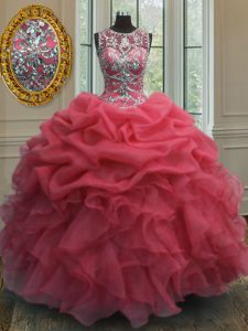 Organza Scoop Sleeveless Lace Up Beading and Ruffles and Pick Ups Sweet 16 Quinceanera Dress in Coral Red