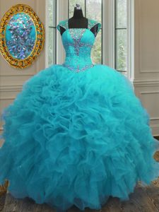Superior Straps Aqua Blue Lace Up Quince Ball Gowns Beading and Ruffles and Sequins Cap Sleeves Floor Length