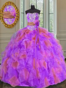 Sleeveless Floor Length Beading and Ruffles and Sashes ribbons and Hand Made Flower Lace Up Ball Gown Prom Dress with Multi-color