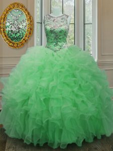 Colorful Scoop Beading and Ruffles Quinceanera Dresses Green Lace Up Sleeveless Floor Length