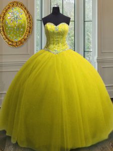 Sequins Sweetheart Sleeveless Lace Up 15th Birthday Dress Yellow Tulle