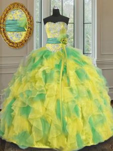 Halter Top Multi-color Sleeveless Floor Length Beading and Appliques and Ruffles and Sashes ribbons and Hand Made Flower Lace Up Quinceanera Gown