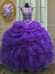 Custom Fit Pick Ups Scoop Sleeveless Lace Up Quinceanera Gown Purple Organza