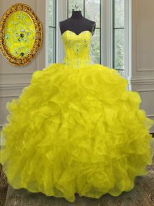 Spectacular Sleeveless Organza Floor Length Lace Up Quince Ball Gowns in Yellow with Beading and Embroidery and Ruffles