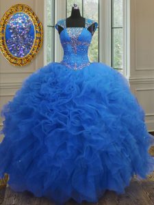 Beautiful Sequins Royal Blue Cap Sleeves Organza Lace Up Quinceanera Dresses for Military Ball and Sweet 16 and Quinceanera